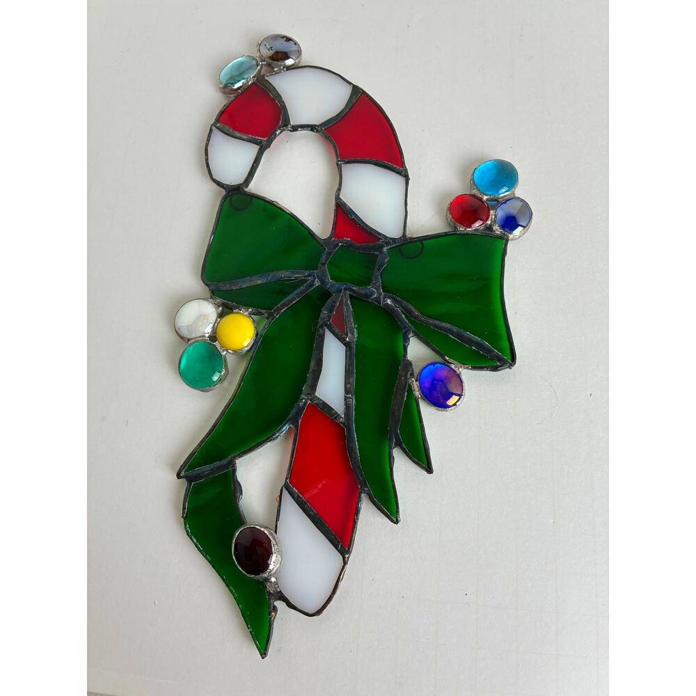 Suncatcher Candy Cane Christmas Glass Window Hanging Handmade 9 Inches Tall